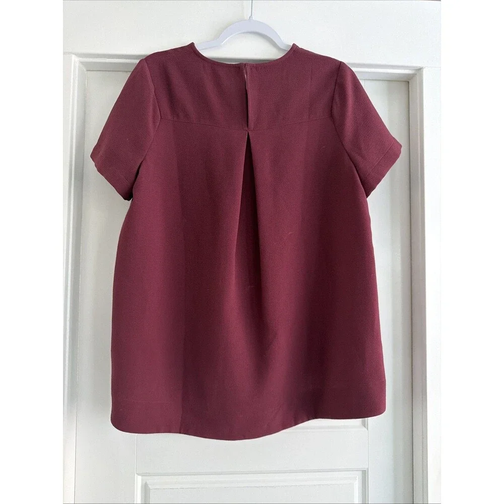 Madewell Tailored Tee Short Sleeve Pleat Back Blouse Burgundy Large